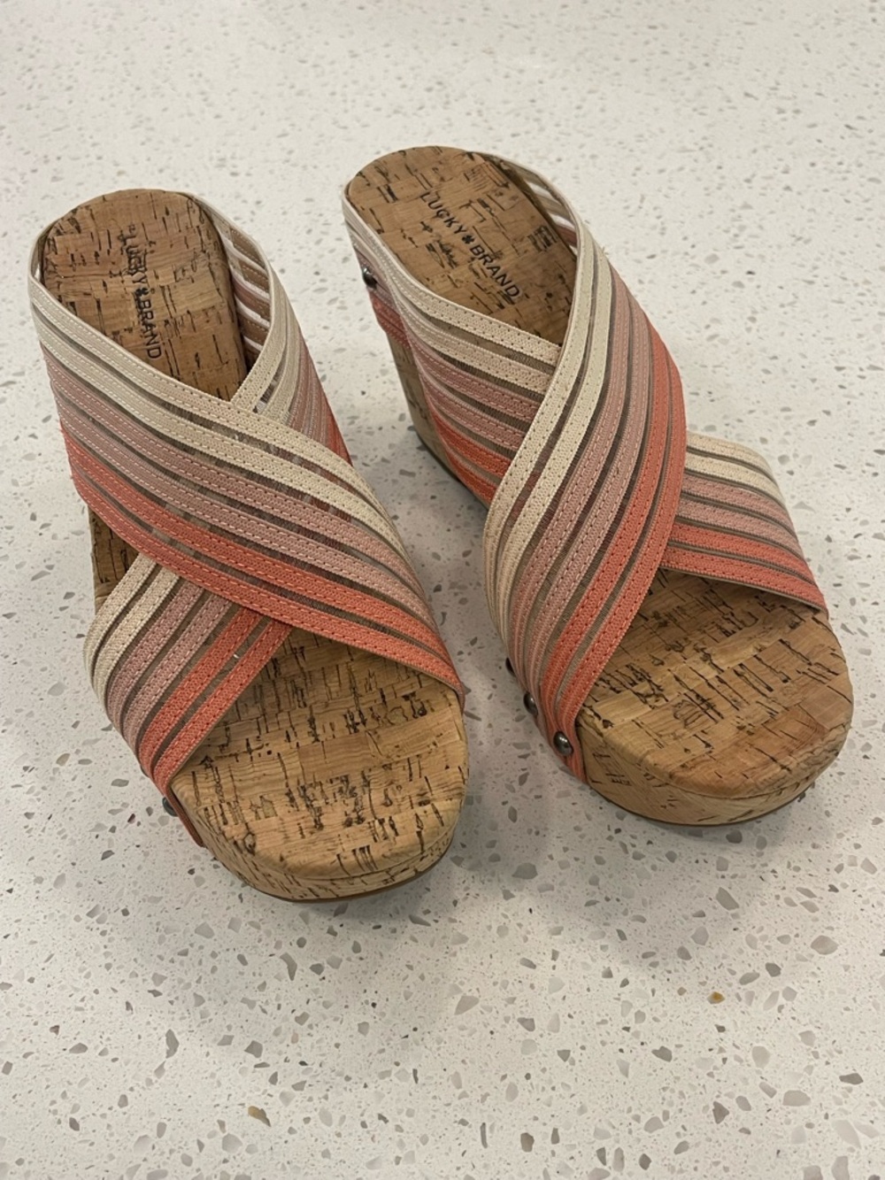 Lucky Brand Coral & Cream Striped Cork Wedge Sandals